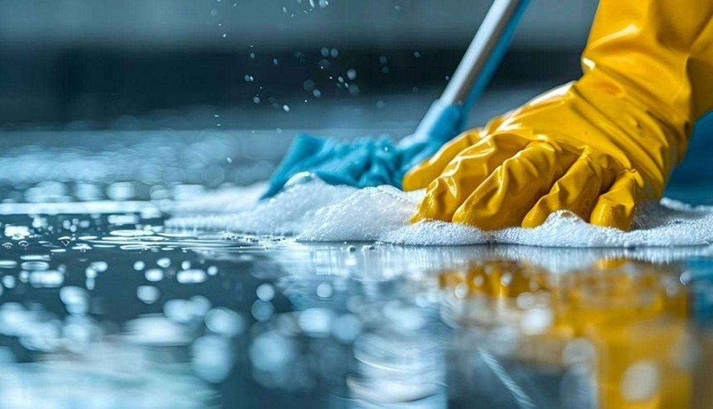 Gloved hand scrubbing a floor with a soapy mop